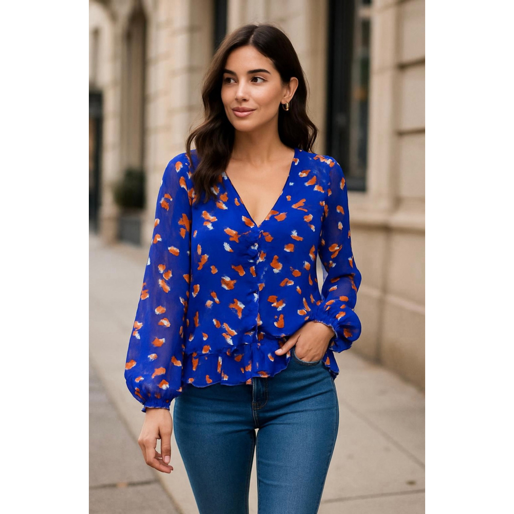 Womens NINE WEST Blue Orange Floral Blouse Sz XXL Whimsy Fairy Artistic Feminine